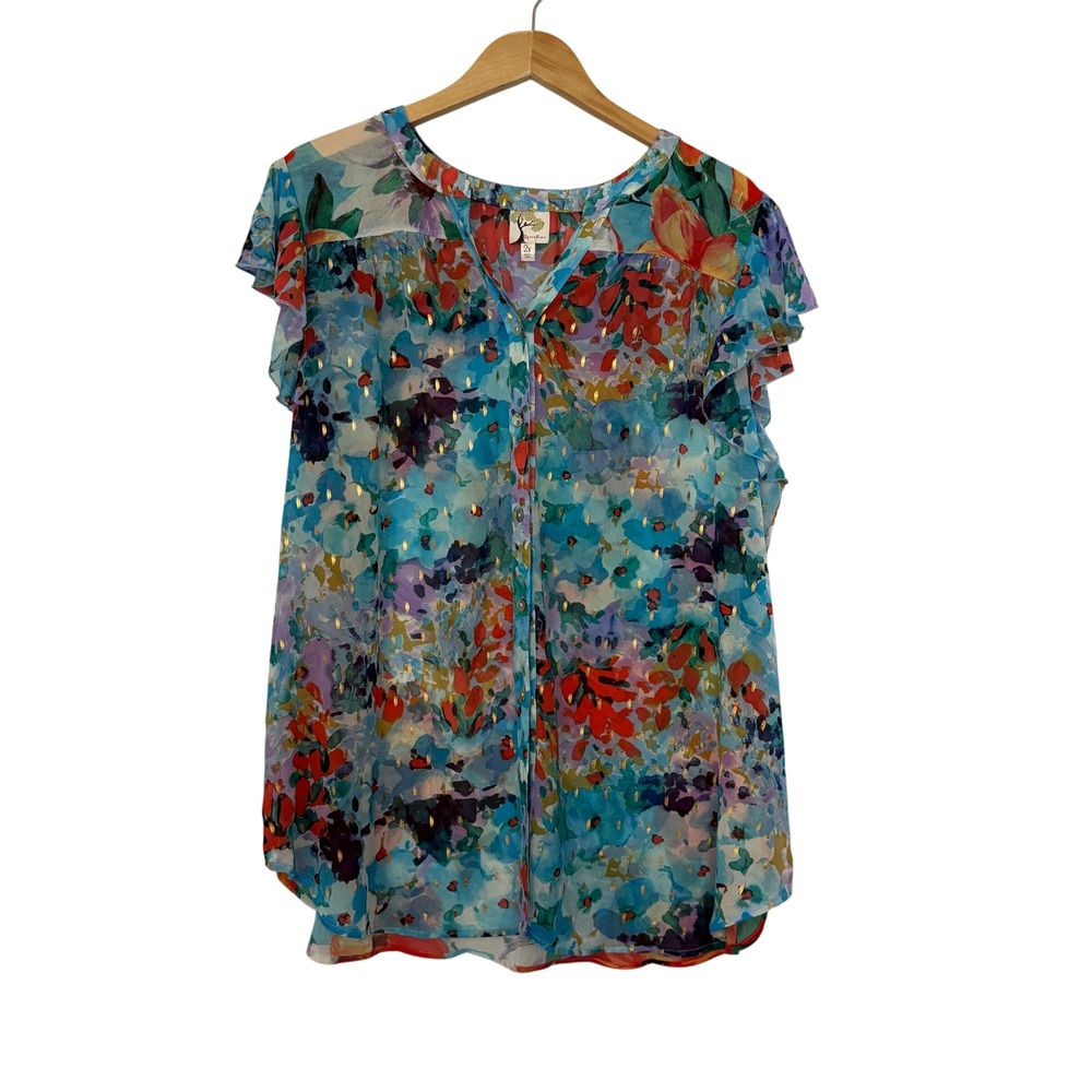 Ivy and Flower Women 2X Floral Watercolor Gold Foil Flutter Sleeve Sheer‎ Blouse